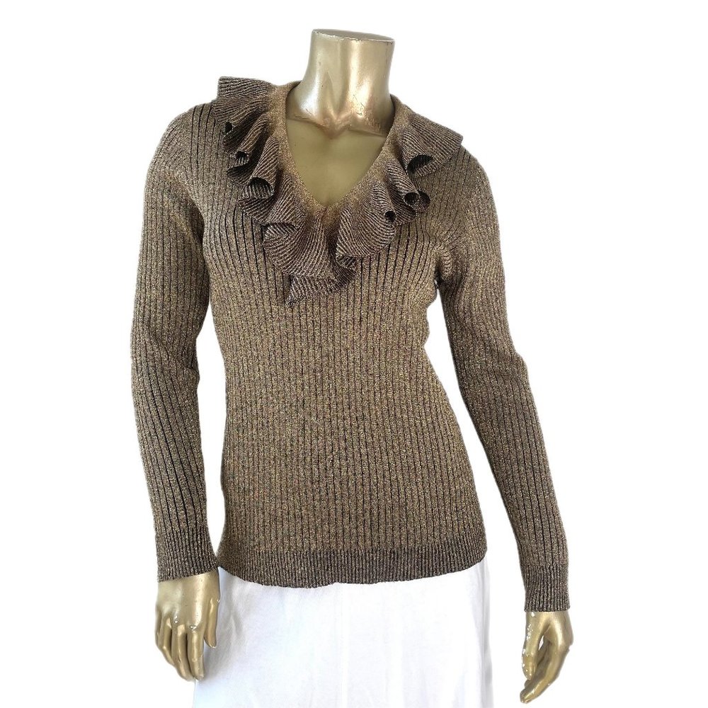 VINTAGE LEROY KNITWEAR METALLIC GOLD RUFFLE COLLAR LONG SLEEVE TOP, L